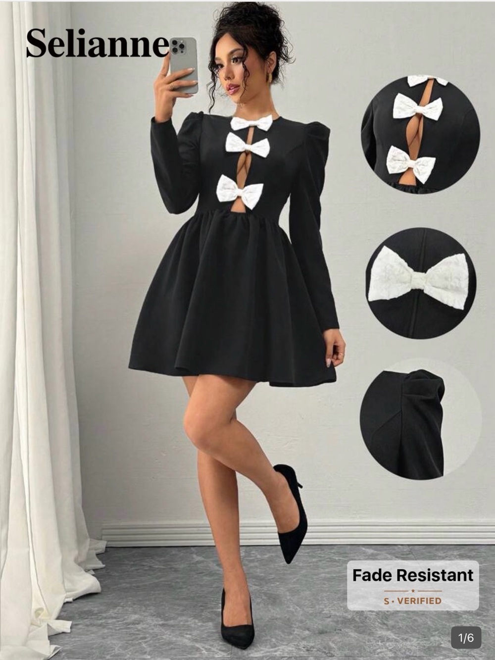 Black A-Line Dress with White Bow Accents